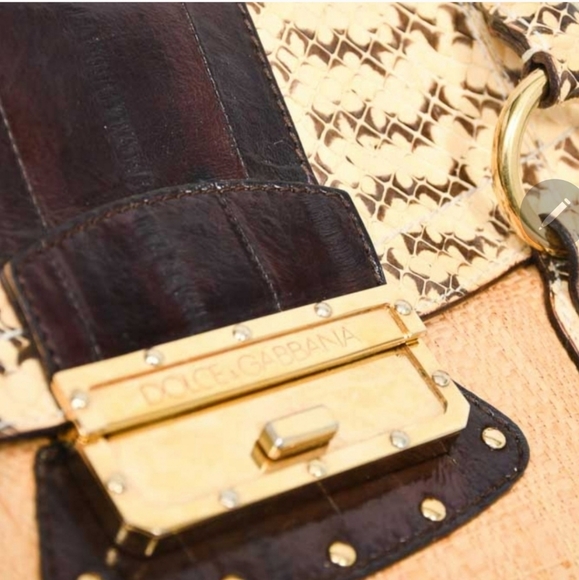 DOLCE & GABBANA YELLOW SNAKESKIN LEATHER/BEIGE RAFFIA SHOULDER BAG - Picture 4 of 7